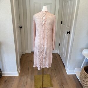 Vtg Y2k Crochet Knit Back Long Open Front Cardigan Sweater Sz Large Pink‎ Boho